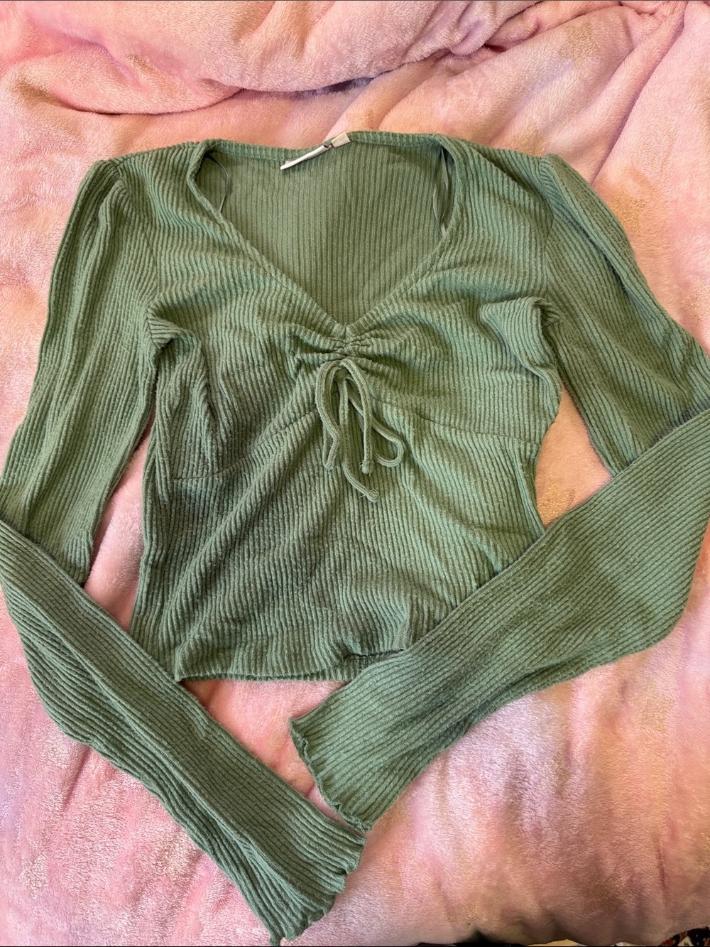 SO Olive Green Ribbed Tie-Front Long Sleeve Top